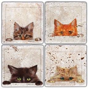 Merakli Kediler Doğal Taş Bardak Altlıkları - BA222 görseli